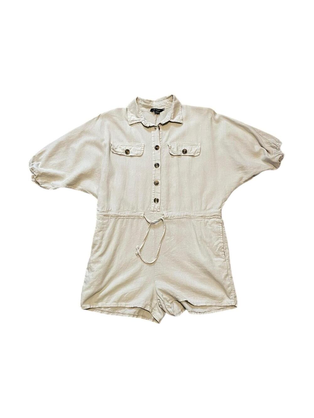 AE Studio Linen Romper Women S Beige Button Front Tie Waist Italy
